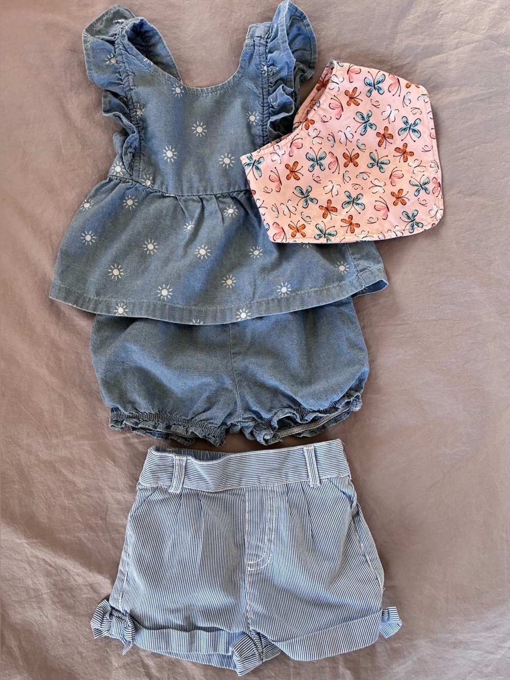 Carter's Blue Denim Floral Tank & Bottoms with Striped Shorts & Butterfly Bib